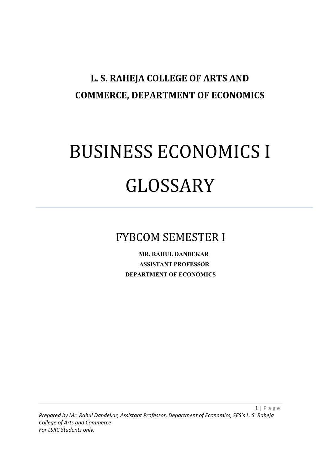 Business Economics I Glossary