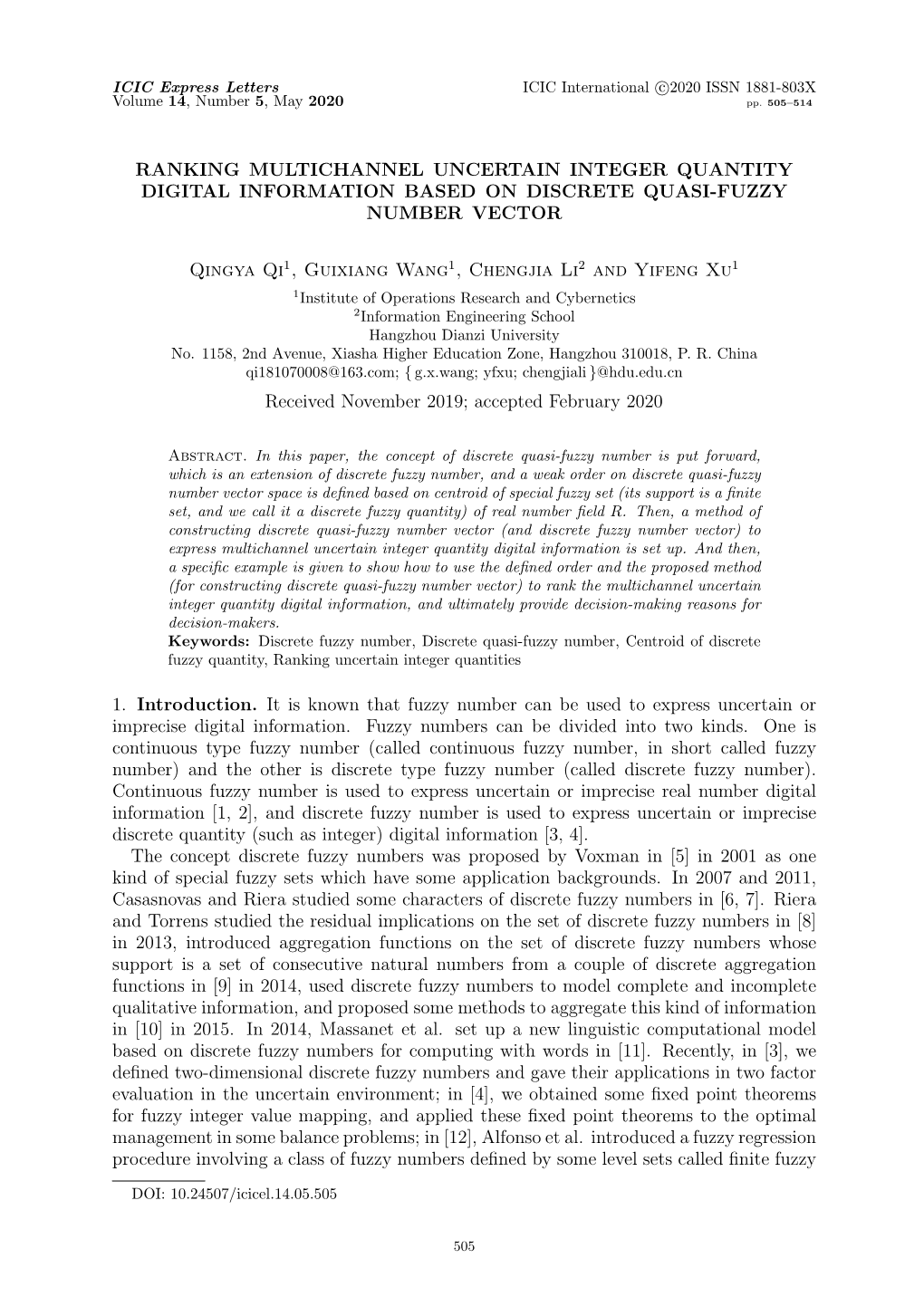 Ranking Multichannel Uncertain Integer Quantity Digital Information Based on Discrete Quasi-Fuzzy Number Vector