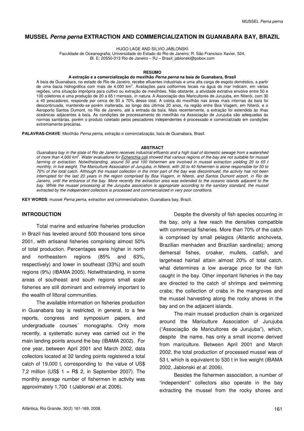 MUSSEL Perna Perna EXTRACTION and COMMERCIALIZATION in GUANABARA BAY, BRAZIL