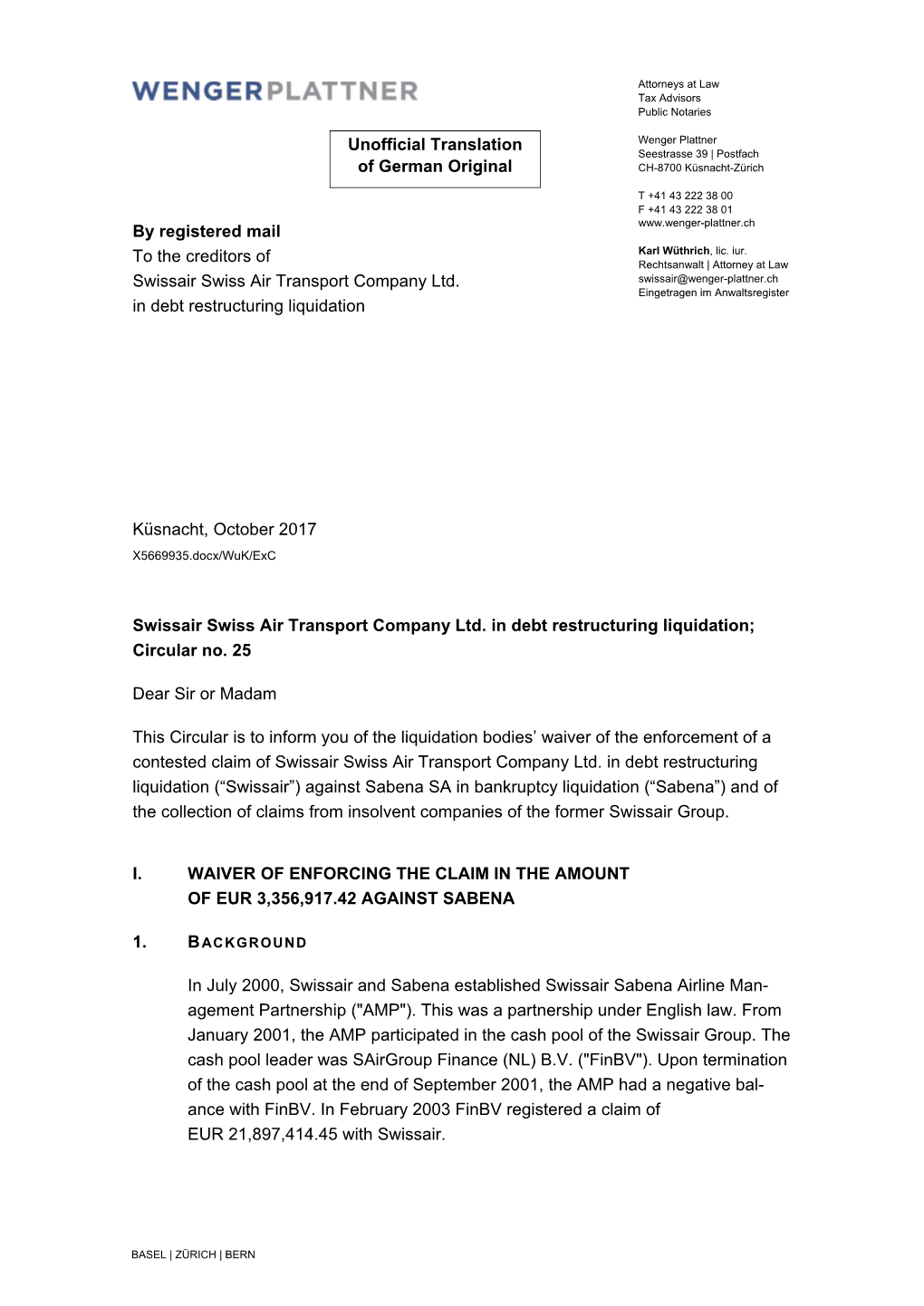 Swissair Swiss Air Transport Company Ltd. in Debt Restructuring Liquidation; Circular No