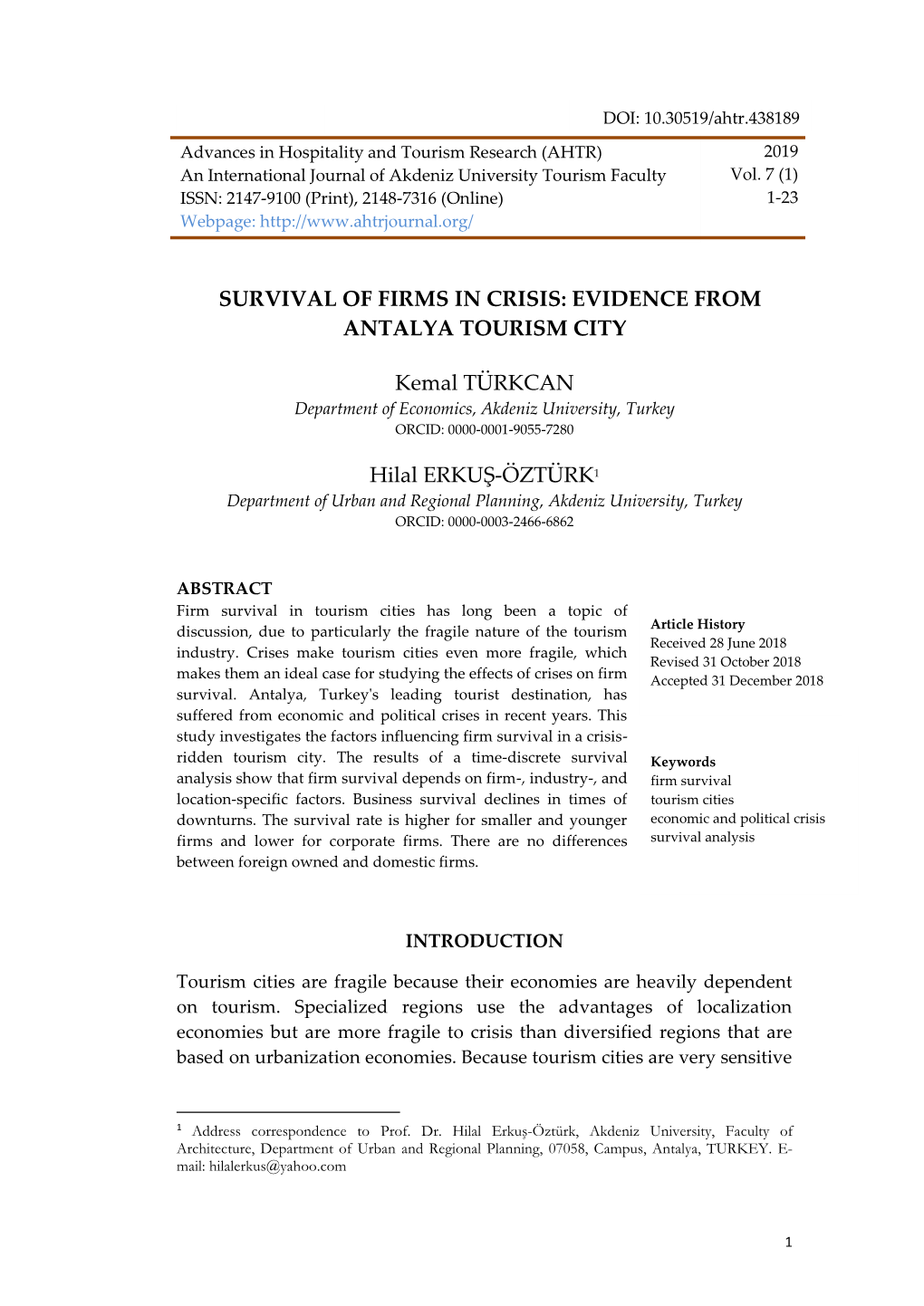 Survival of Firms in Crisis: Evidence from Antalya Tourism City