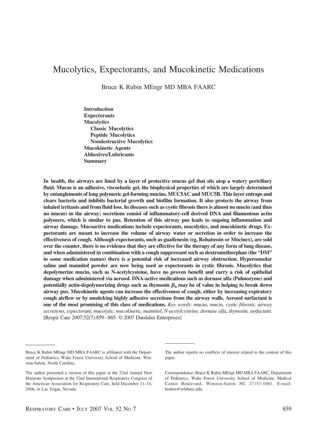 Mucolytics, Expectorants, and Mucokinetic Medications