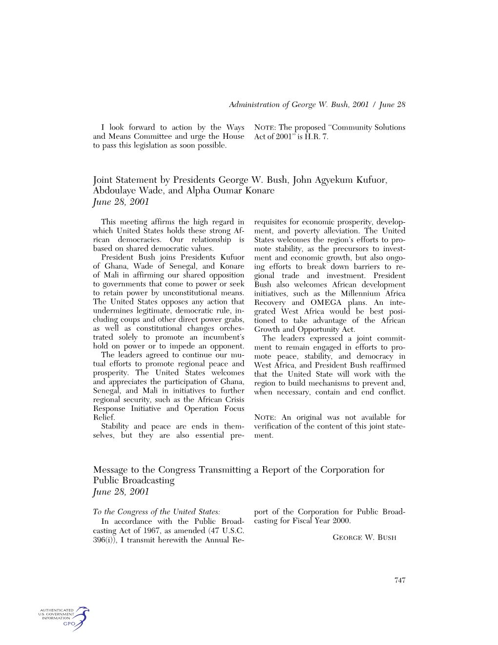 Joint Statement by Presidents George W. Bush, John Agyekum Kufuor, Abdoulaye Wade, and Alpha Oumar Konare June 28, 2001