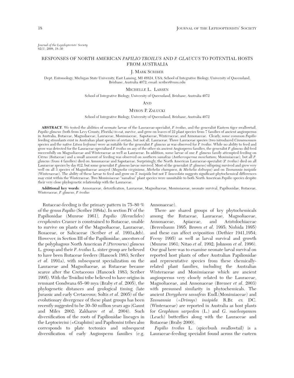 Responses of North American Papilio Troilus and P. Glaucus to Potential Hosts from Australia J