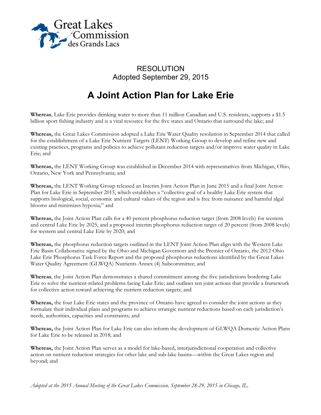 A Joint Action Plan for Lake Erie