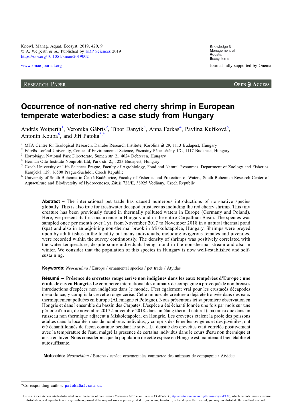 Occurrence of Non-Native Red Cherry Shrimp in European Temperate Waterbodies: a Case Study from Hungary