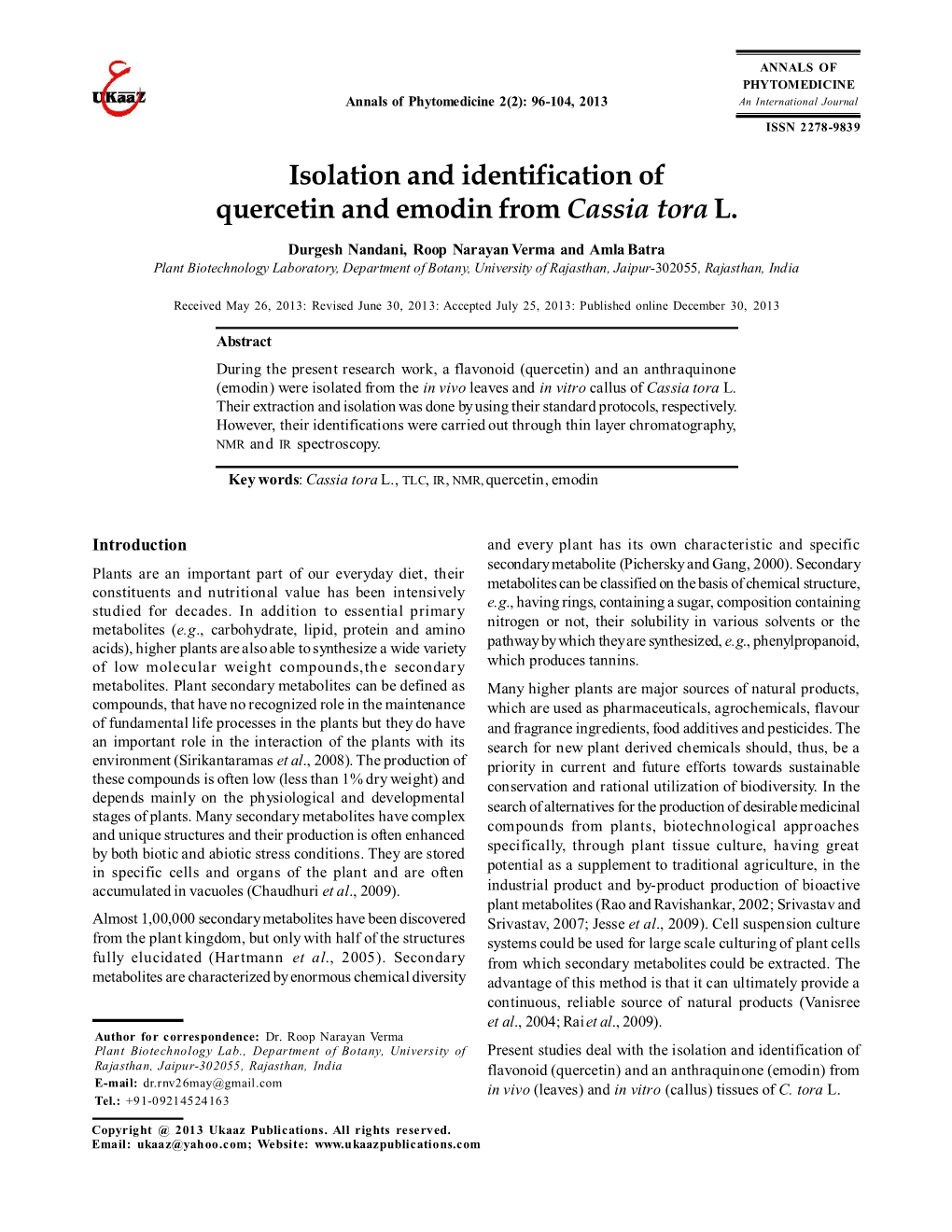Isolation and Identification of Quercetin and Emodin from Cassia Tora L