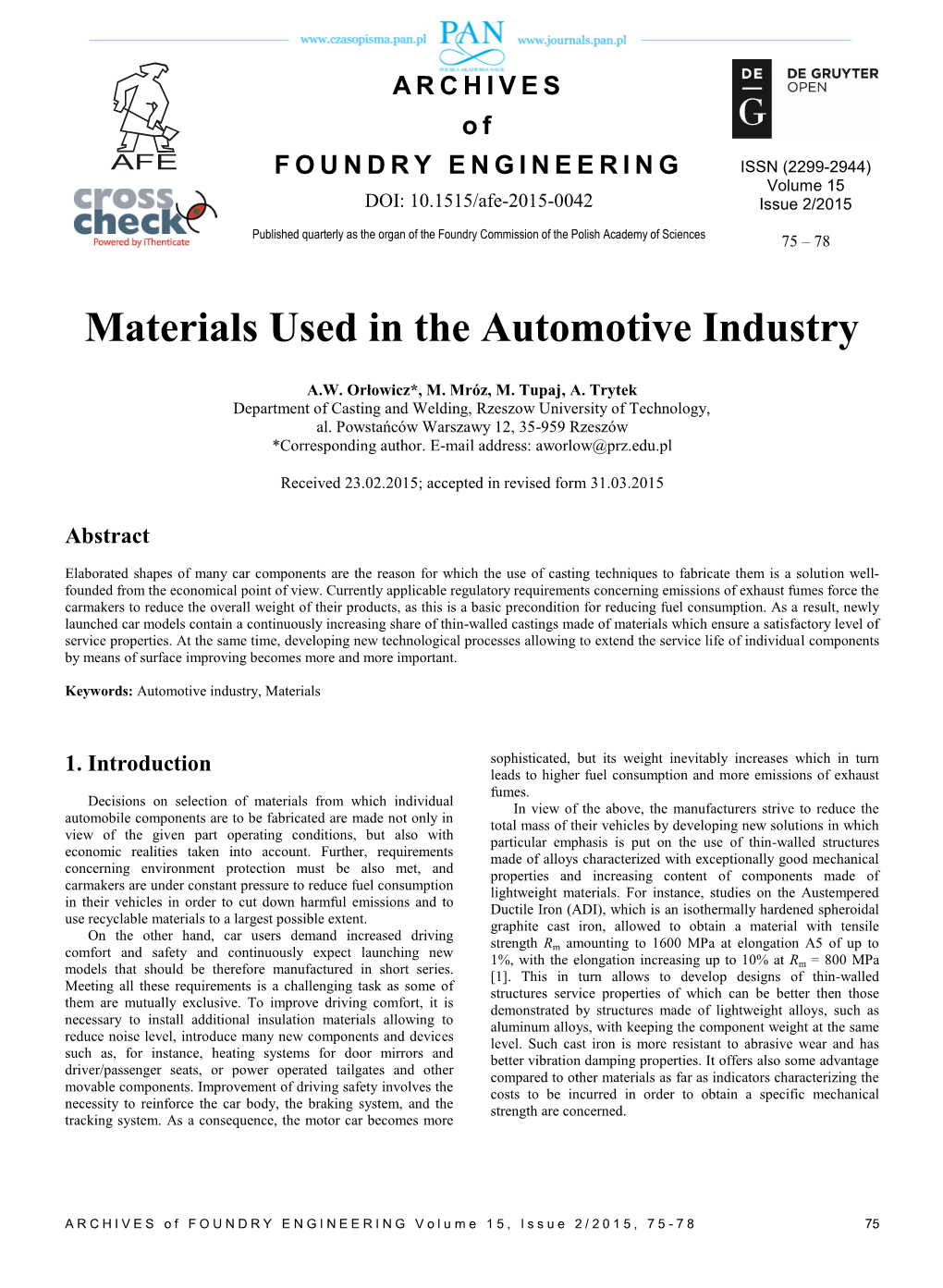 ARCHIVES of FOUNDRY ENGINEERING Volu Me 15, Issue 2/2015, 75 - 78 75