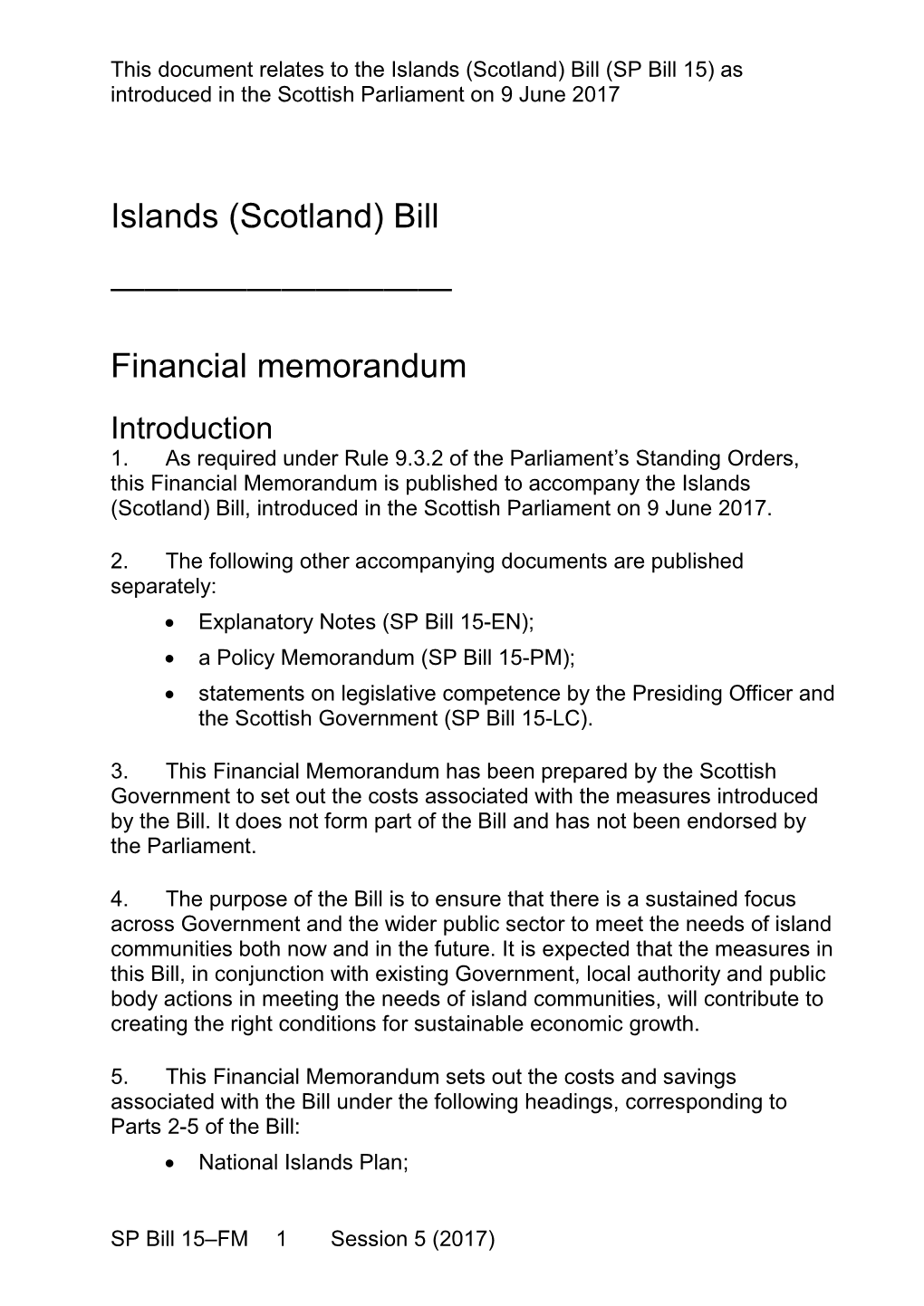 Islands (Scotland) Bill Financial Memorandum