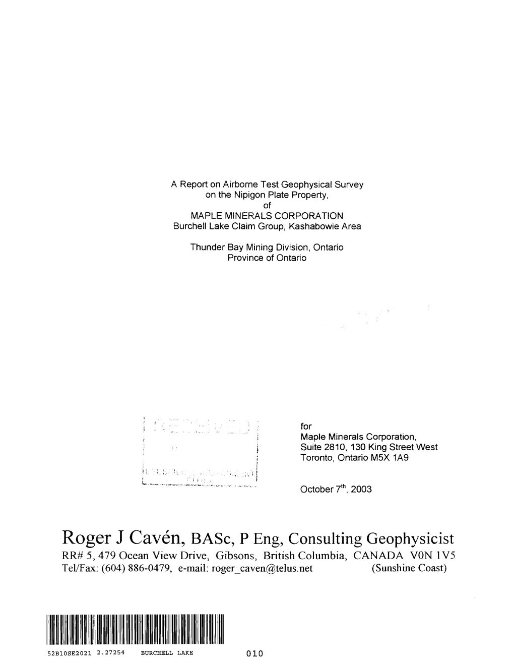 Rpt on Airborne Test Geophys Surv Nipigon Plate Prop