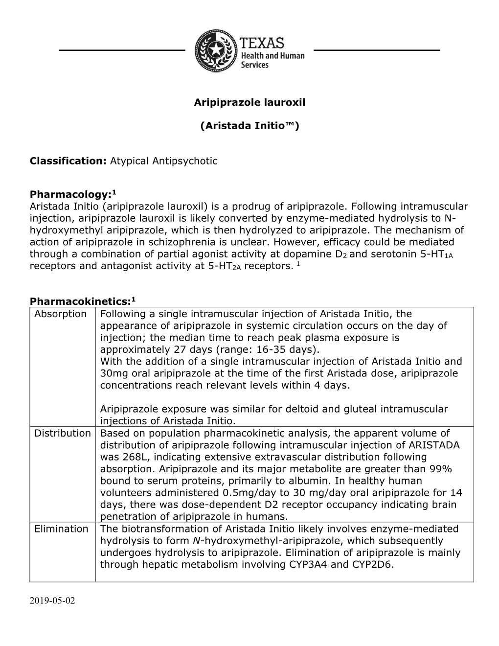 2019-05-02 Aripiprazole Lauroxil (Aristada Initio™) Classification