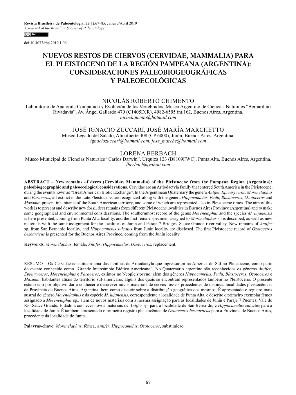 Revista Brasileira De Paleontologia, 22(1):67–85, Janeiro/Abril 2019 a Journal of the Brazilian Society of Paleontology Doi:10.4072/Rbp.2019.1.06