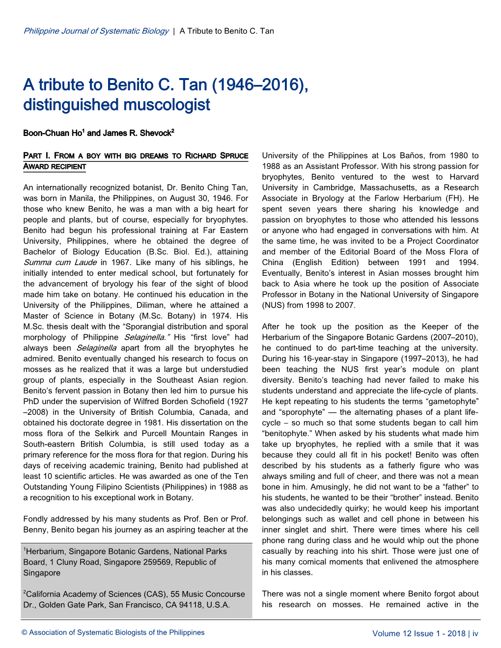 A Tribute to Benito C. Tan (1946–2016), Distinguished Muscologist