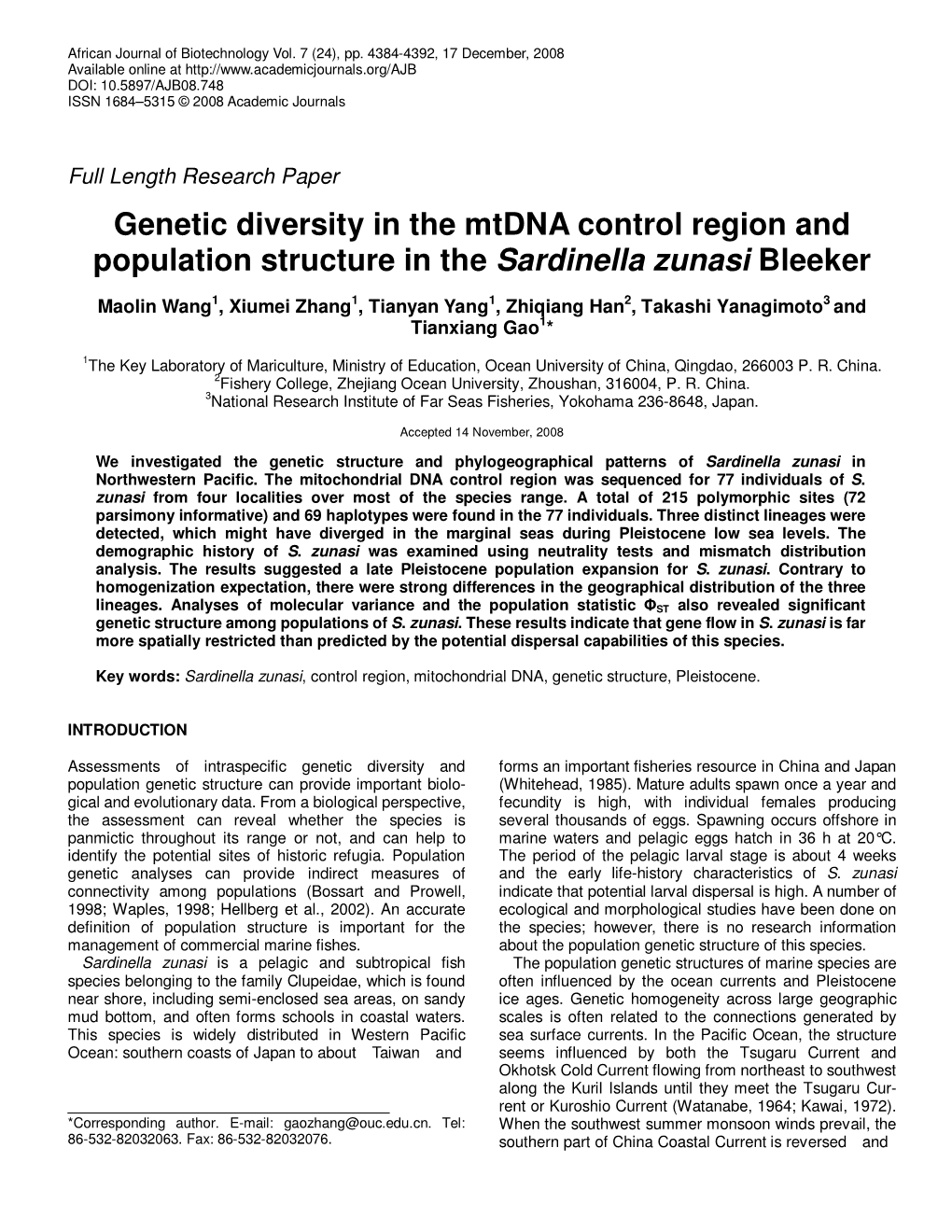 Genetic Diversity in the Mtdna Control Region and Population Structure in the Sardinella Zunasi Bleeker