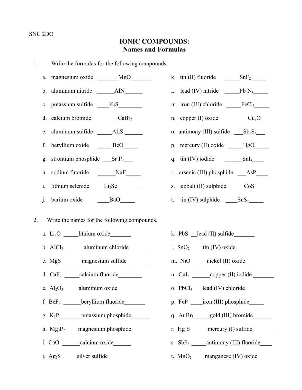 1. Write the Formulas for the Following Compounds