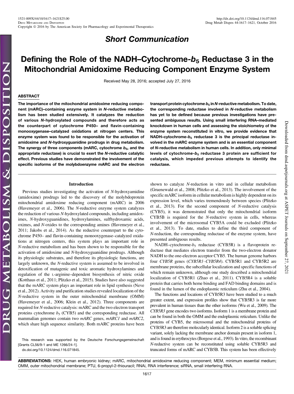 Defining the Role of the NADH–Cytochrome-B5 Reductase 3 in the Mitochondrial Amidoxime Reducing Component Enzyme System