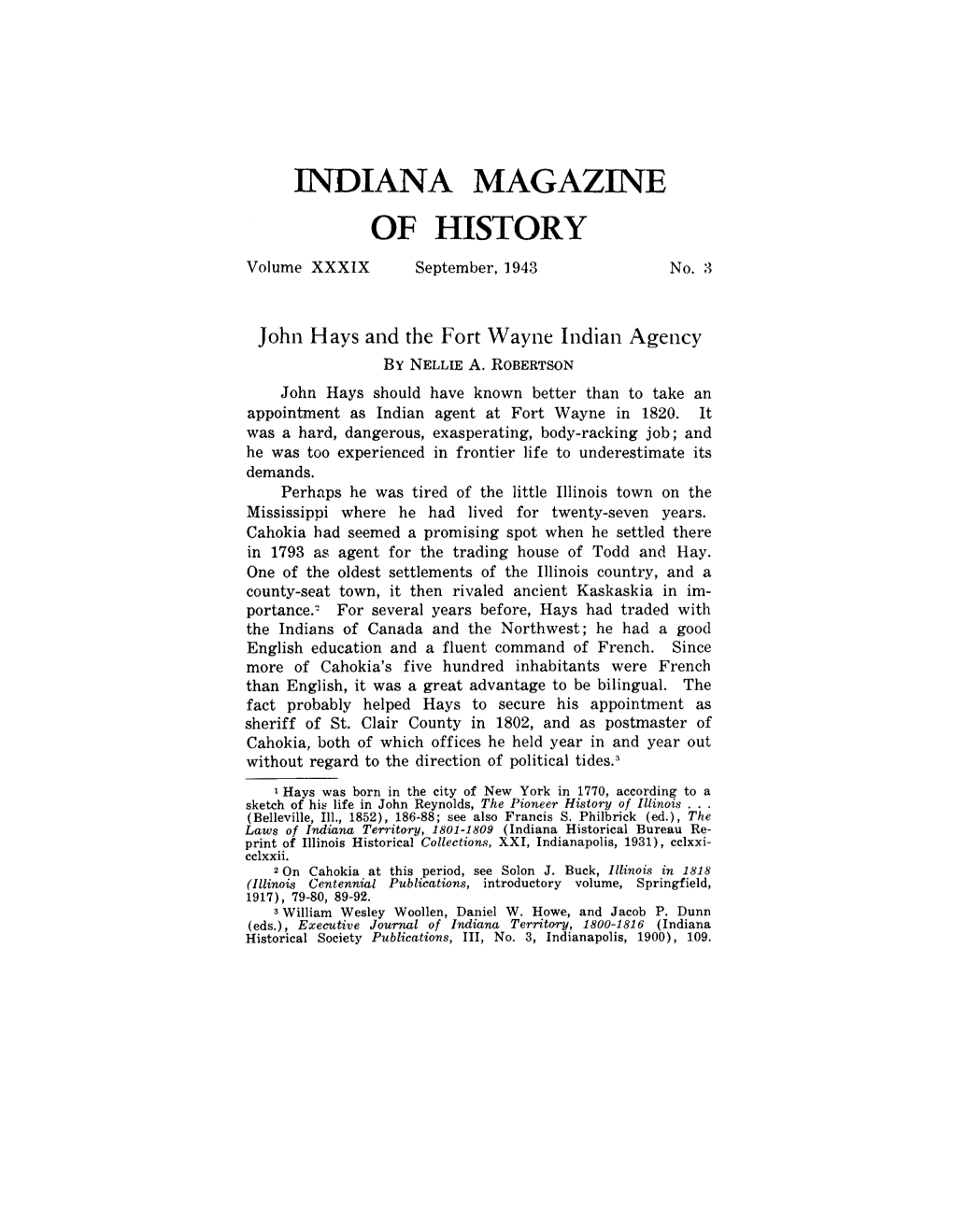 INDIANA MAGAZINE of HISTORY Volume XXXIX September, 1943 No