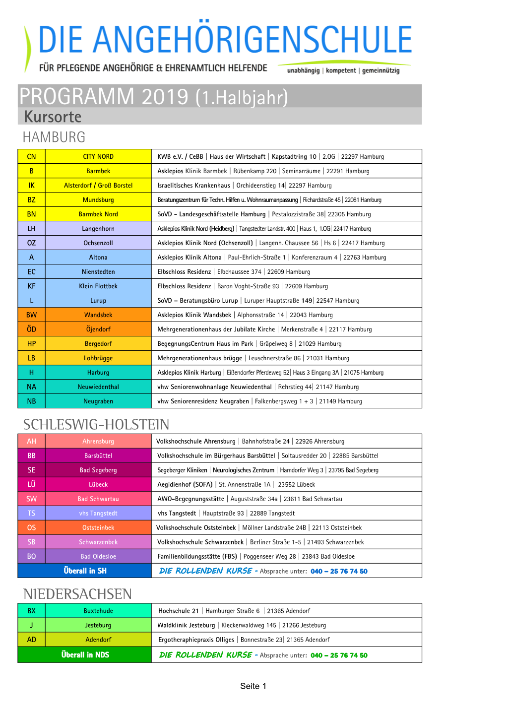 PROGRAMM 2019 (1.Halbjahr) Kursorte HAMBURG