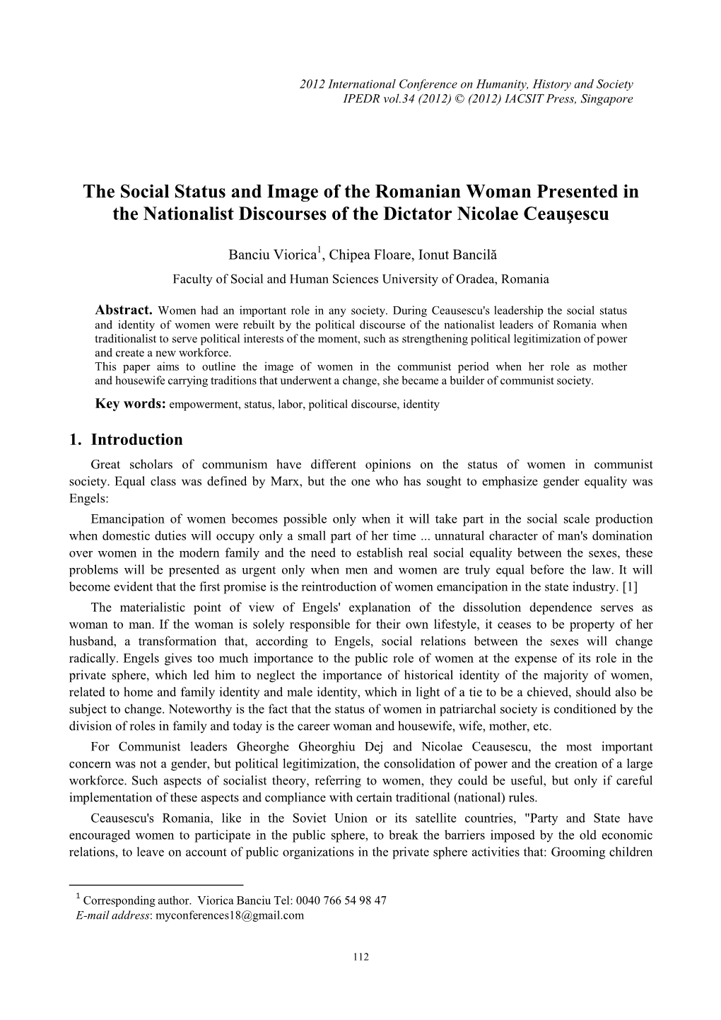 The Social Status and Image of the Romanian Woman Presented in the Nationalist Discourses of the Dictator Nicolae Ceauşescu