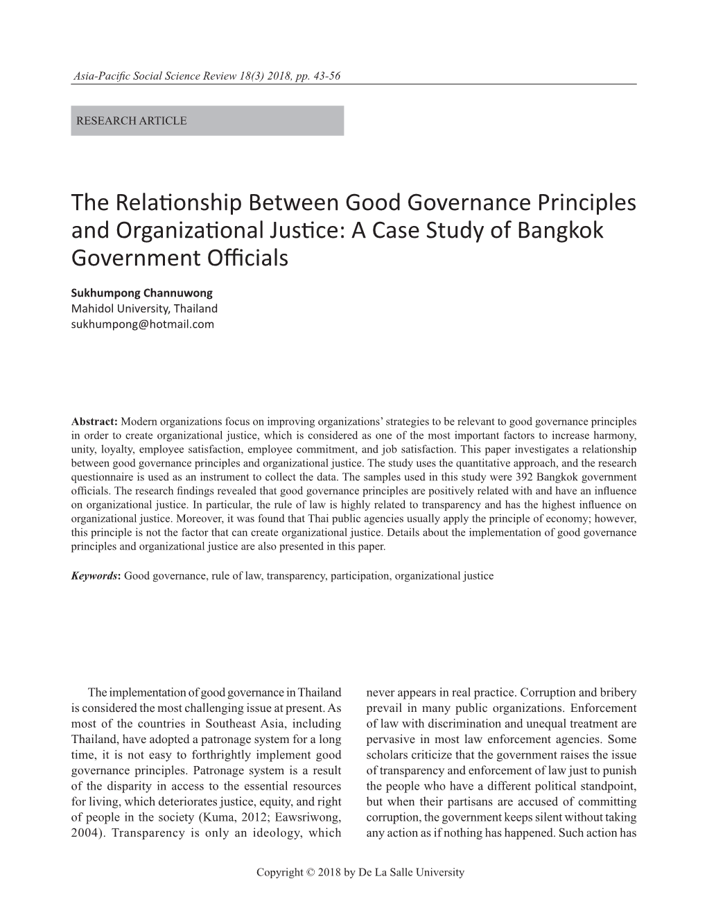 The Relationship Between Good Governance Principles and Organizational Justice: a Case Study of Bangkok Government Officials