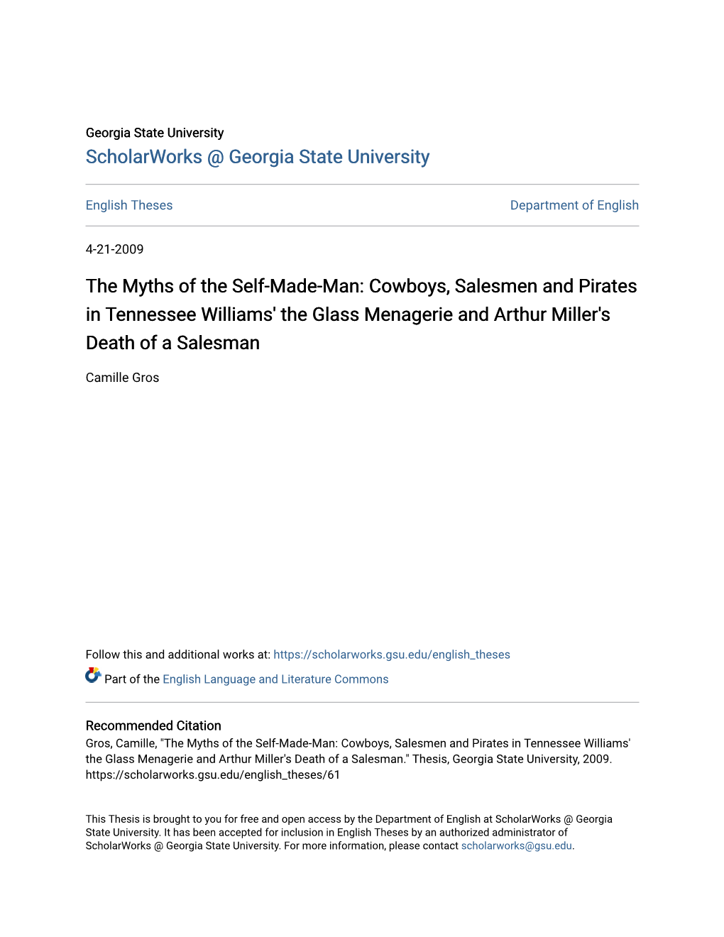 The Myths of the Self-Made-Man: Cowboys, Salesmen and Pirates in Tennessee Williams' the Glass Menagerie and Arthur Miller's Death of a Salesman