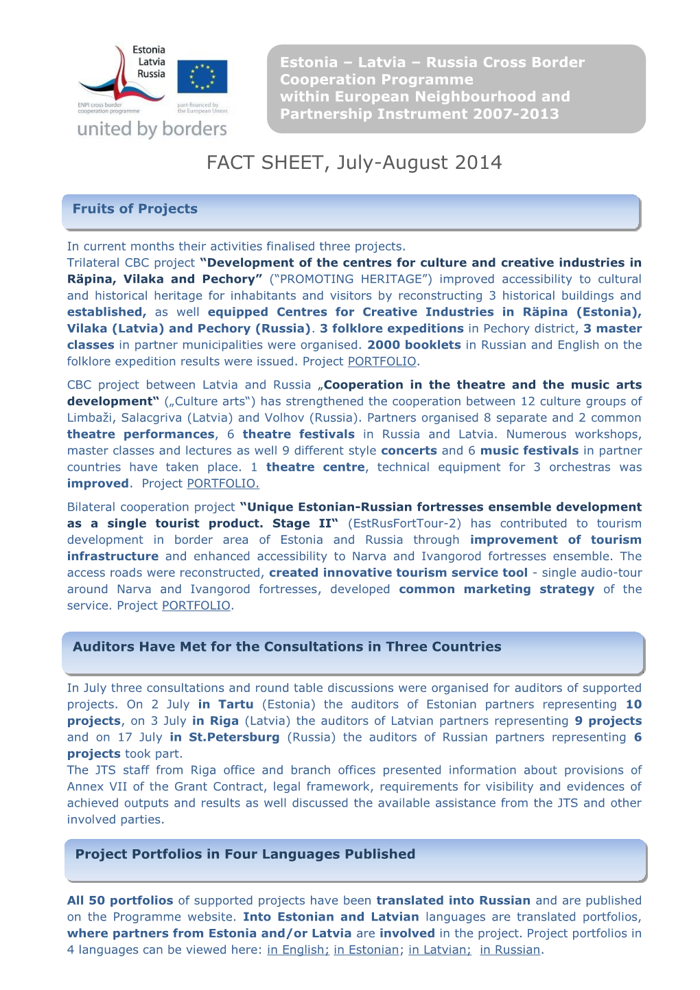 FACT SHEET ENPI CBC Estonia-Latvia-Russia