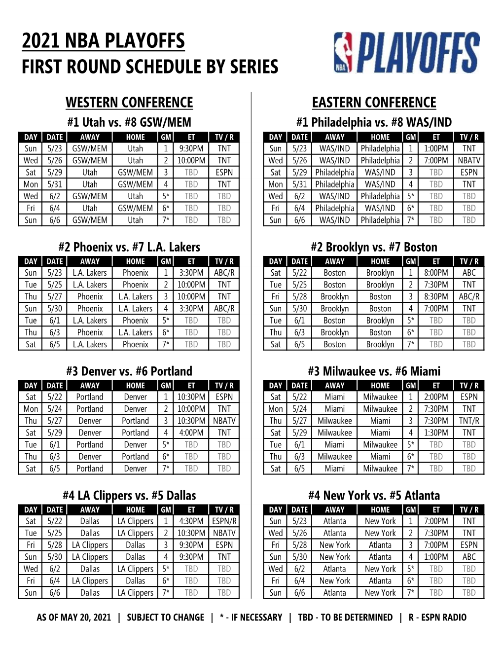 2021 Nba Playoffs First Round Schedule by Series