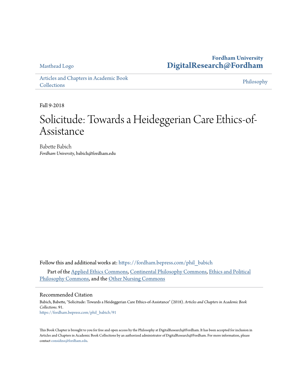 Solicitude: Towards a Heideggerian Care Ethics-Of-Assistance" (2018)