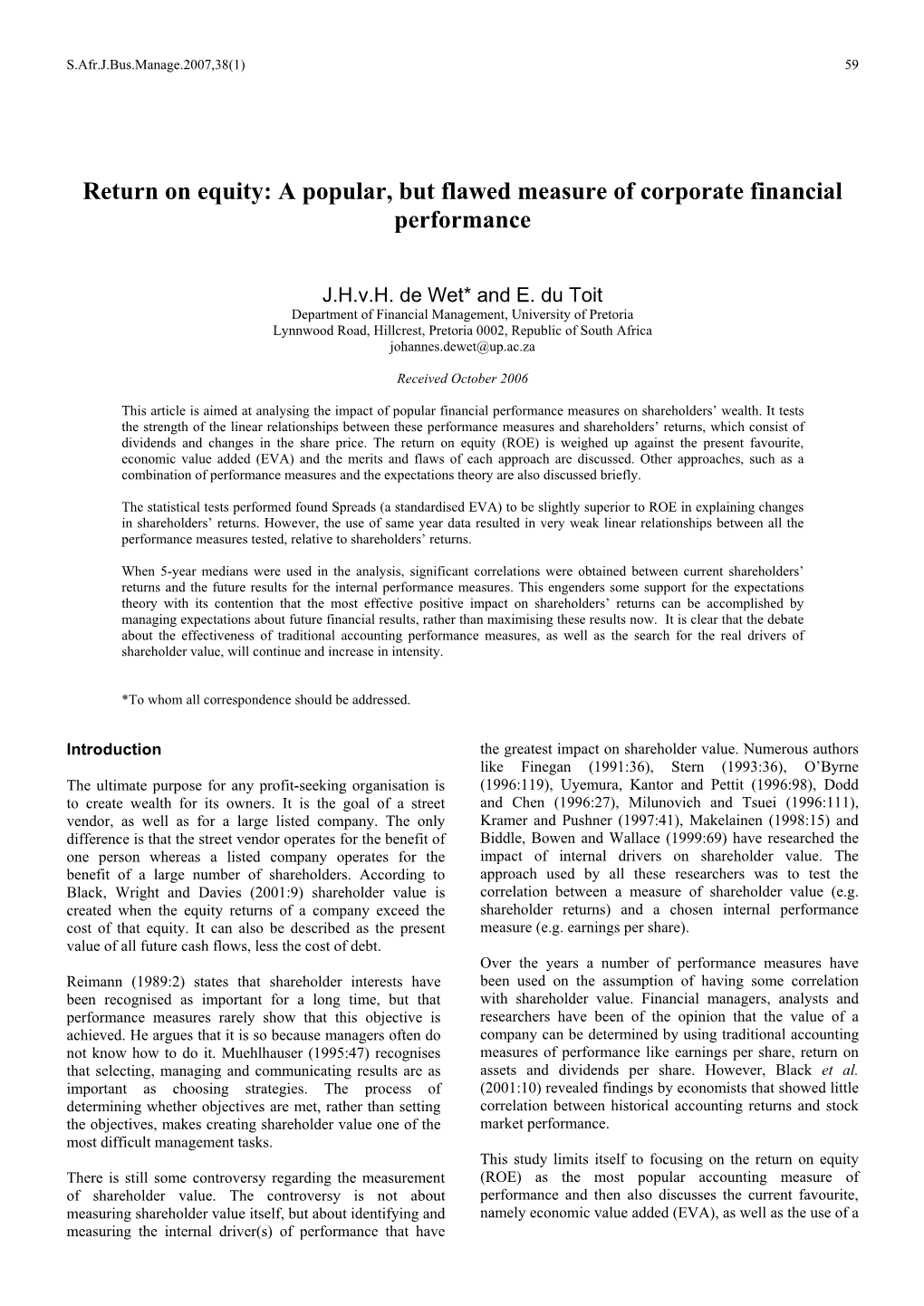 Return on Equity: a Popular, but Flawed Measure of Corporate Financial Performance