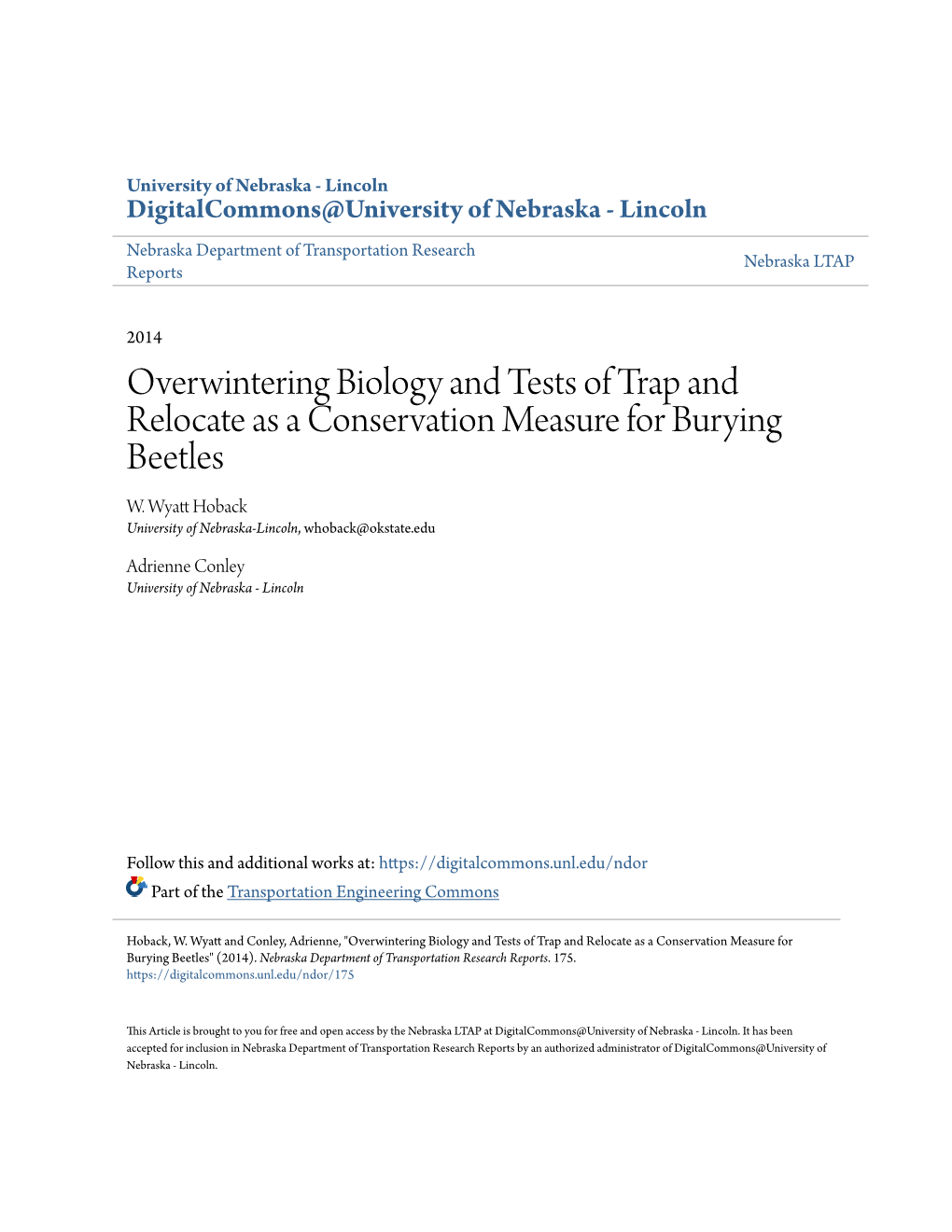 Overwintering Biology and Tests of Trap and Relocate As a Conservation Measure for Burying Beetles W