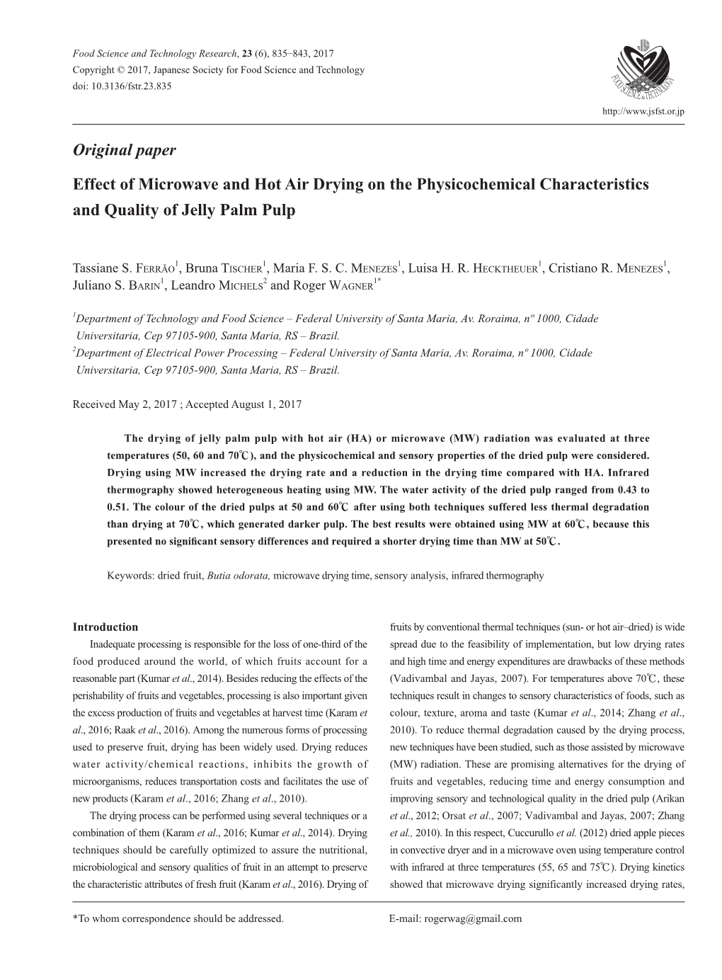 Original Paper Effect of Microwave and Hot Air Drying on the Physicochemical Characteristics and Quality of Jelly Palm Pulp