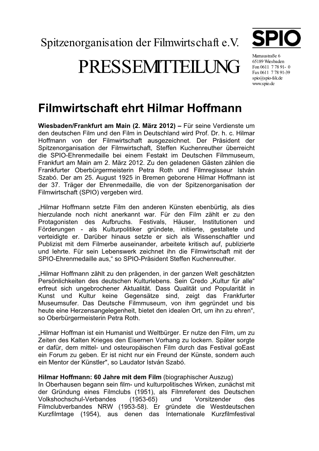 Filmwirtschaft Ehrt Hilmar Hoffmann