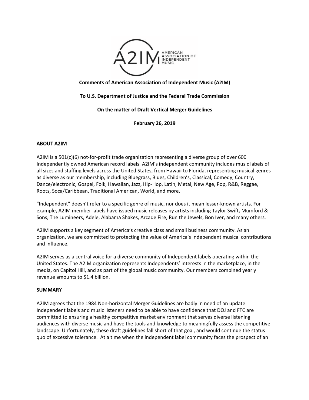 Comments of American Association of Independent Music (A2IM) to the DOJ and FTC on the Matter of Draft Vertical Merger Guideline