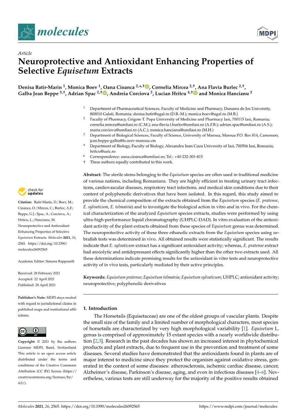 Neuroprotective and Antioxidant Enhancing Properties of Selective Equisetum Extracts