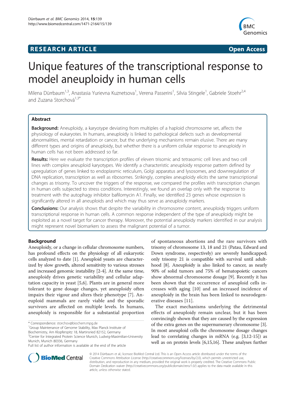 Unique Features of the Transcriptional Response to Model Aneuploidy in Human Cells