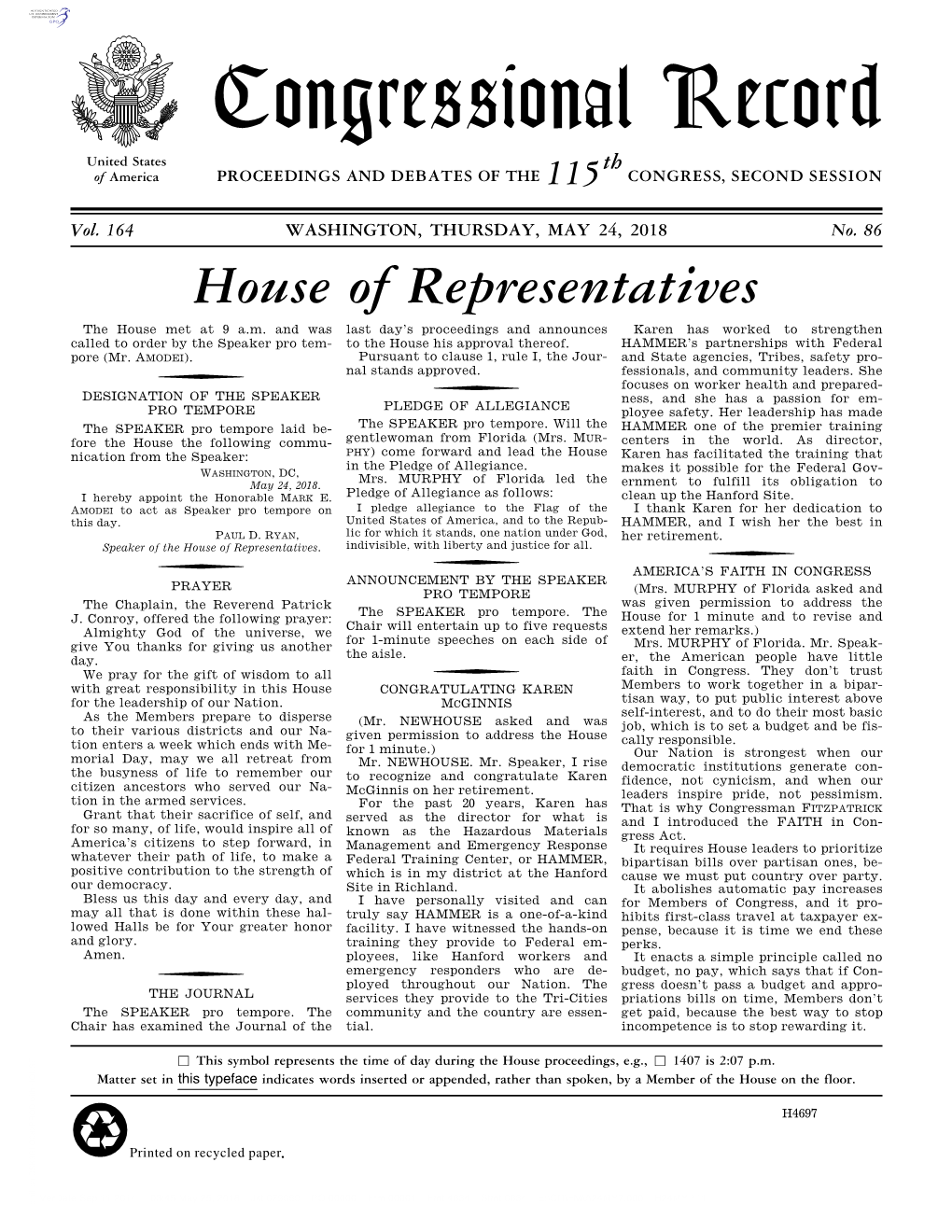 Congressional Record United States Th of America PROCEEDINGS and DEBATES of the 115 CONGRESS, SECOND SESSION