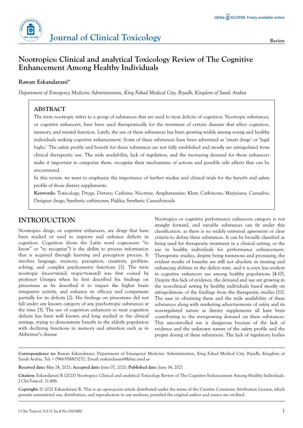 Nootropics: Clinical and Analytical Toxicology Review of the Cognitive Enhancement Among Healthy Individuals