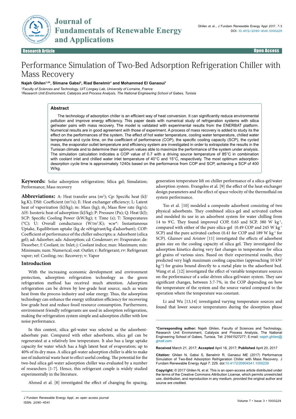 Performance Simulation of Two-Bed Adsorption Refrigeration Chiller