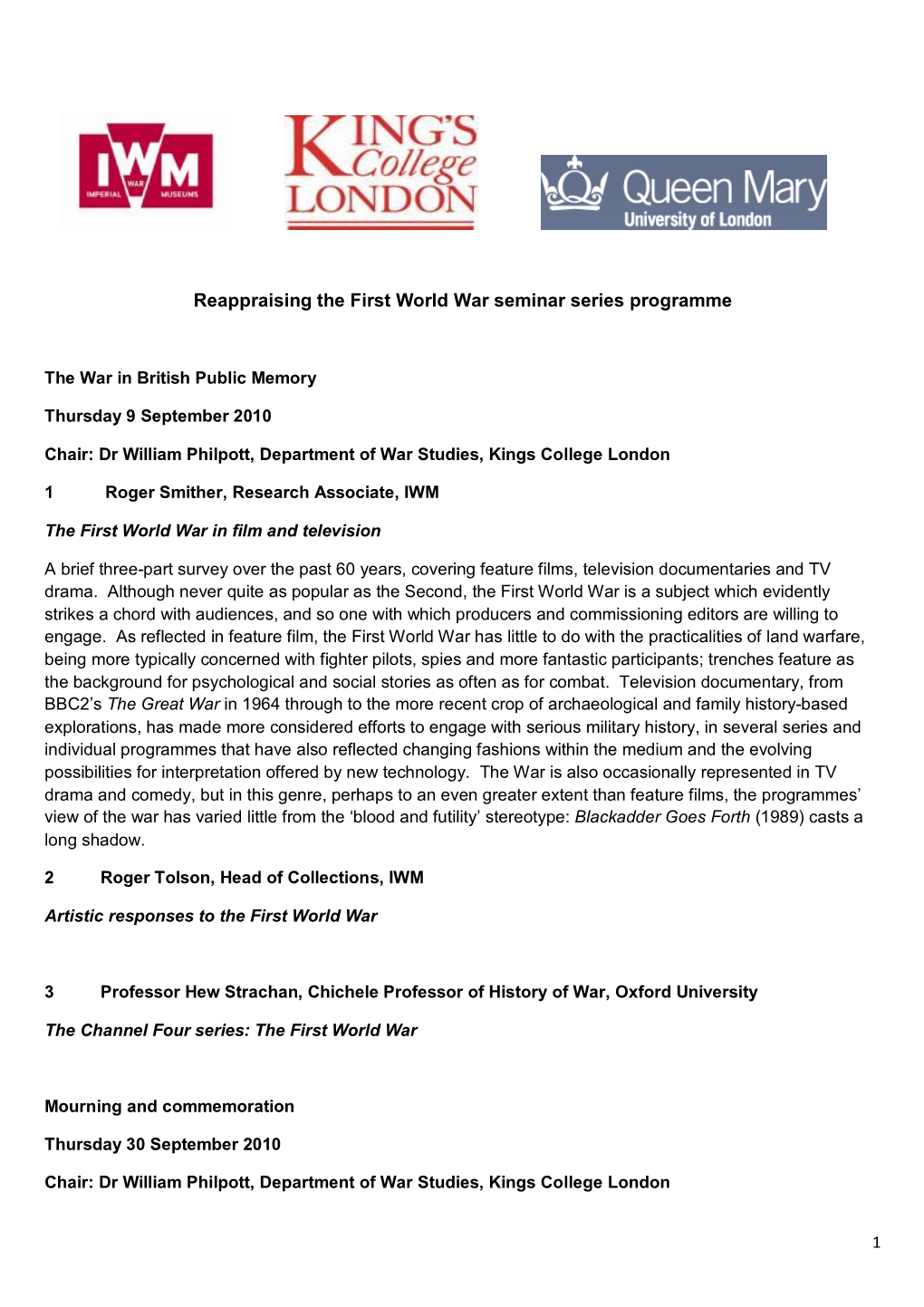 Reappraising the First World War Seminar Series Seminar Abstracts