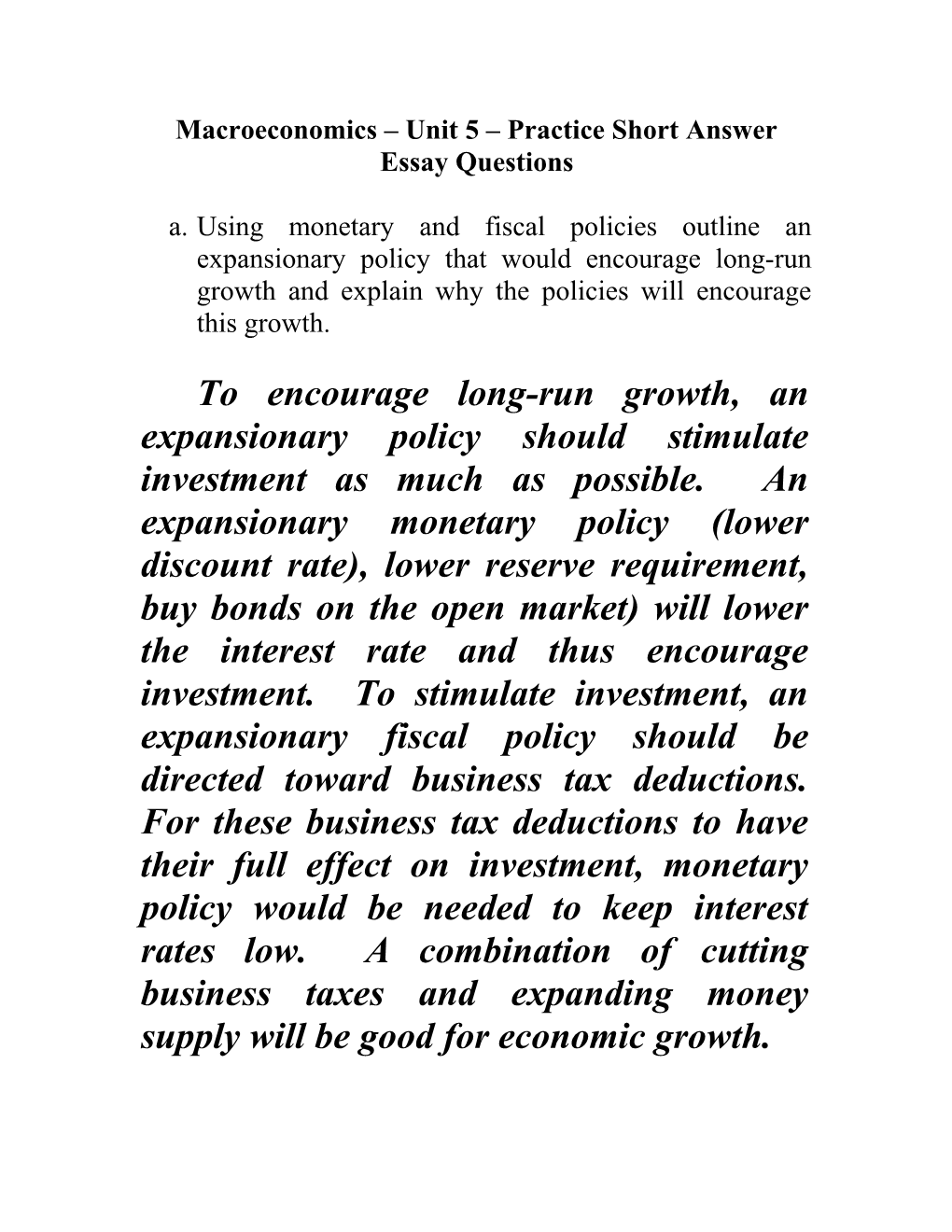 Macroeconomics Unit 5 Practice Short Answer Essay Questions