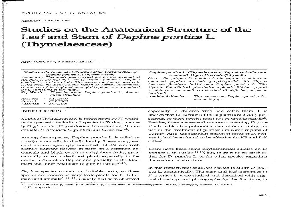 Studies on the Anatomical Structure of the Leaf and Stem of Daphne Pontica L