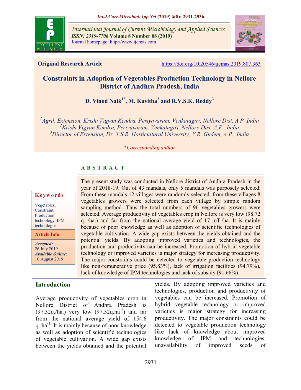 Constraints in Adoption of Vegetables Production Technology in Nellore District of Andhra Pradesh, India