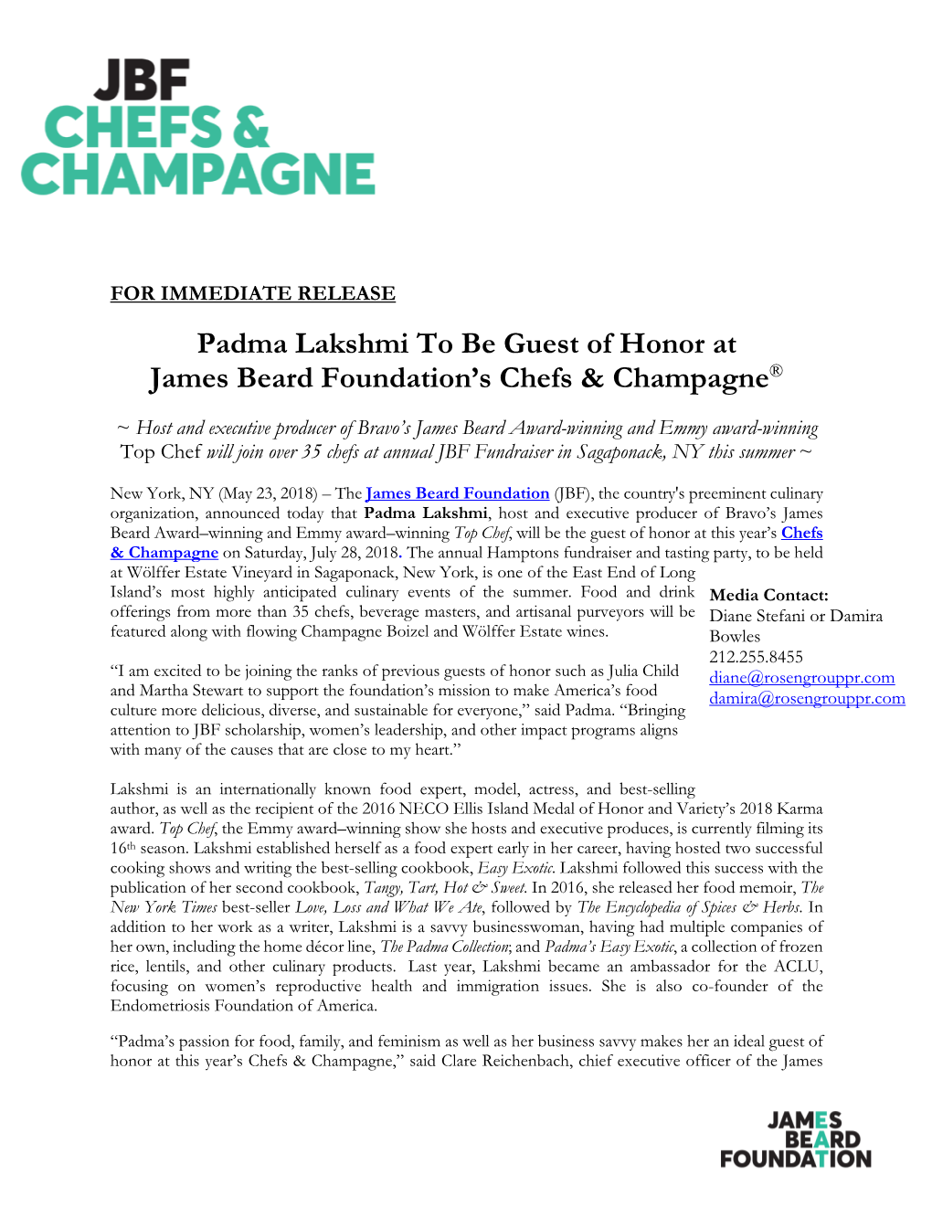 Padma Lakshmi to Be Guest of Honor at James Beard Foundation’S Chefs & Champagne®