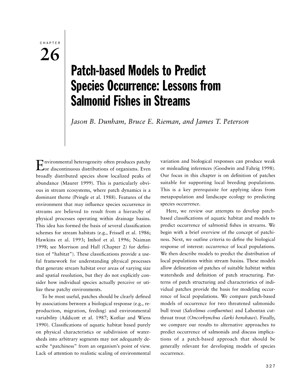 Patch-Based Models to Predict Species Occurrence: Lessons from Salmonid Fishes in Streams