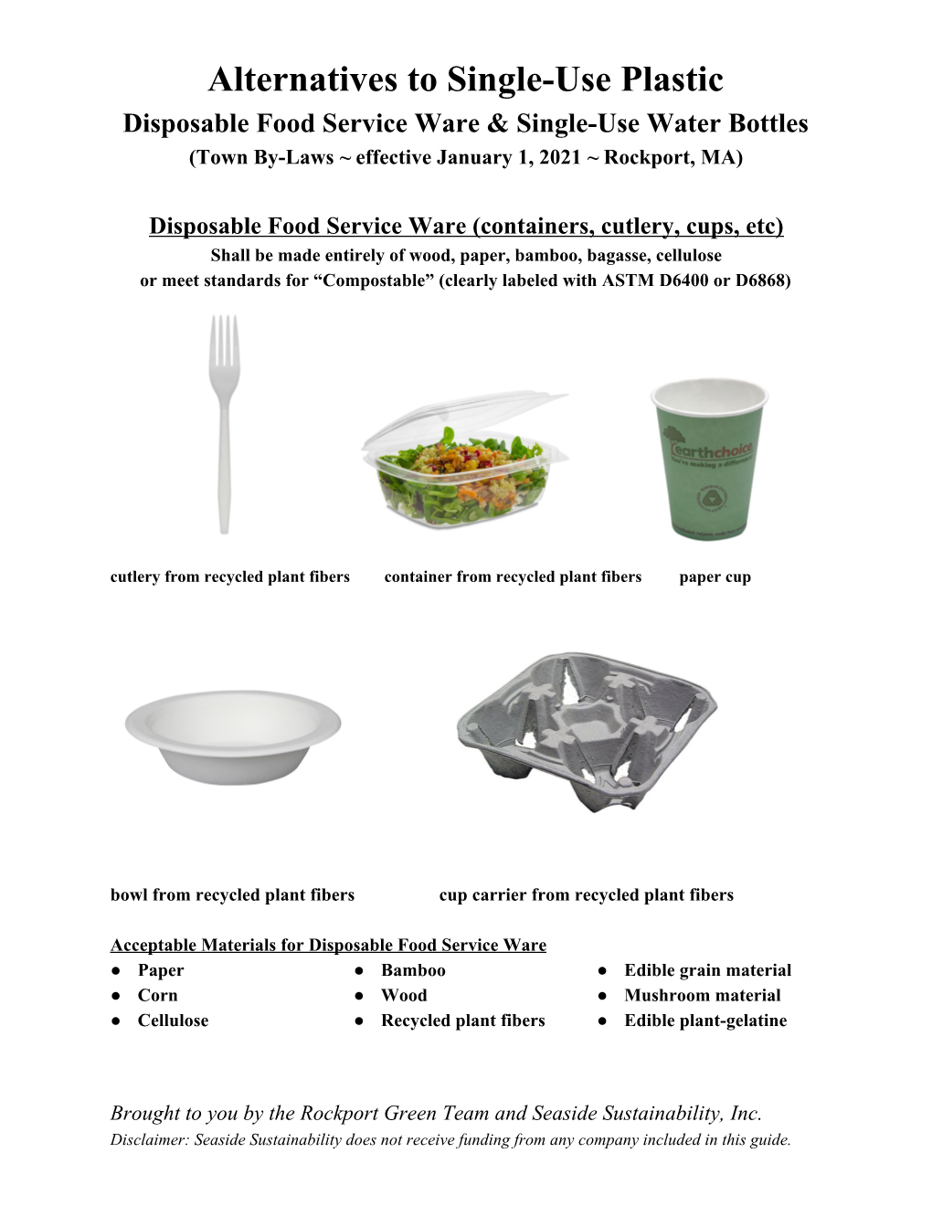 Alternatives to Single-Use Plastic Disposable Food Service Ware & Single-Use Water Bottles (Town By-Laws ~ Effective January 1, 2021 ~ Rockport, MA)
