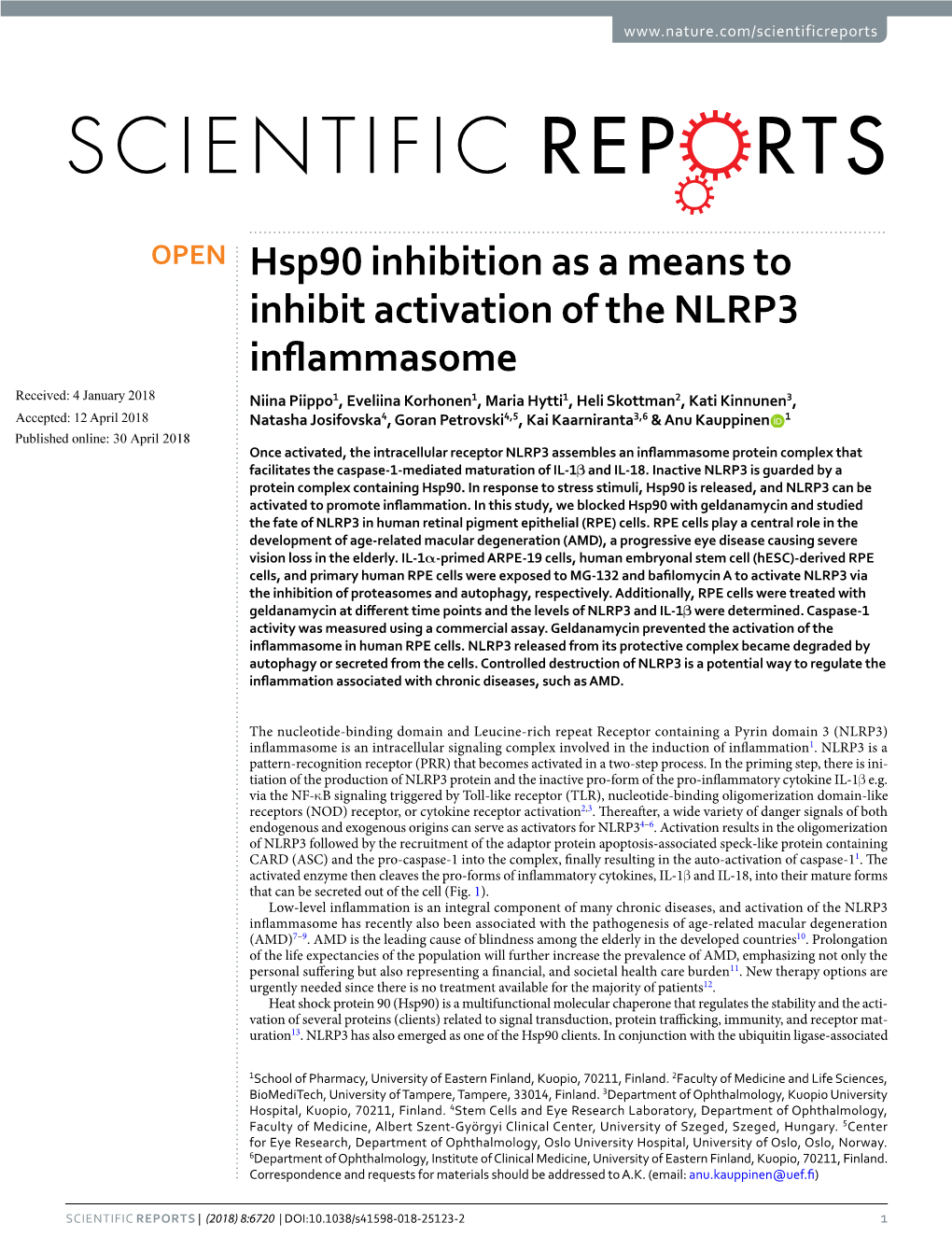 Hsp90 Inhibition As a Means to Inhibit Activation of the NLRP3