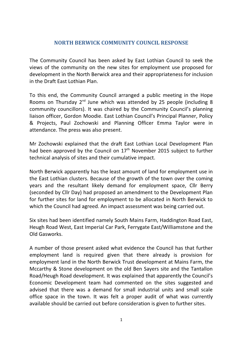 North Berwick Community Council Response