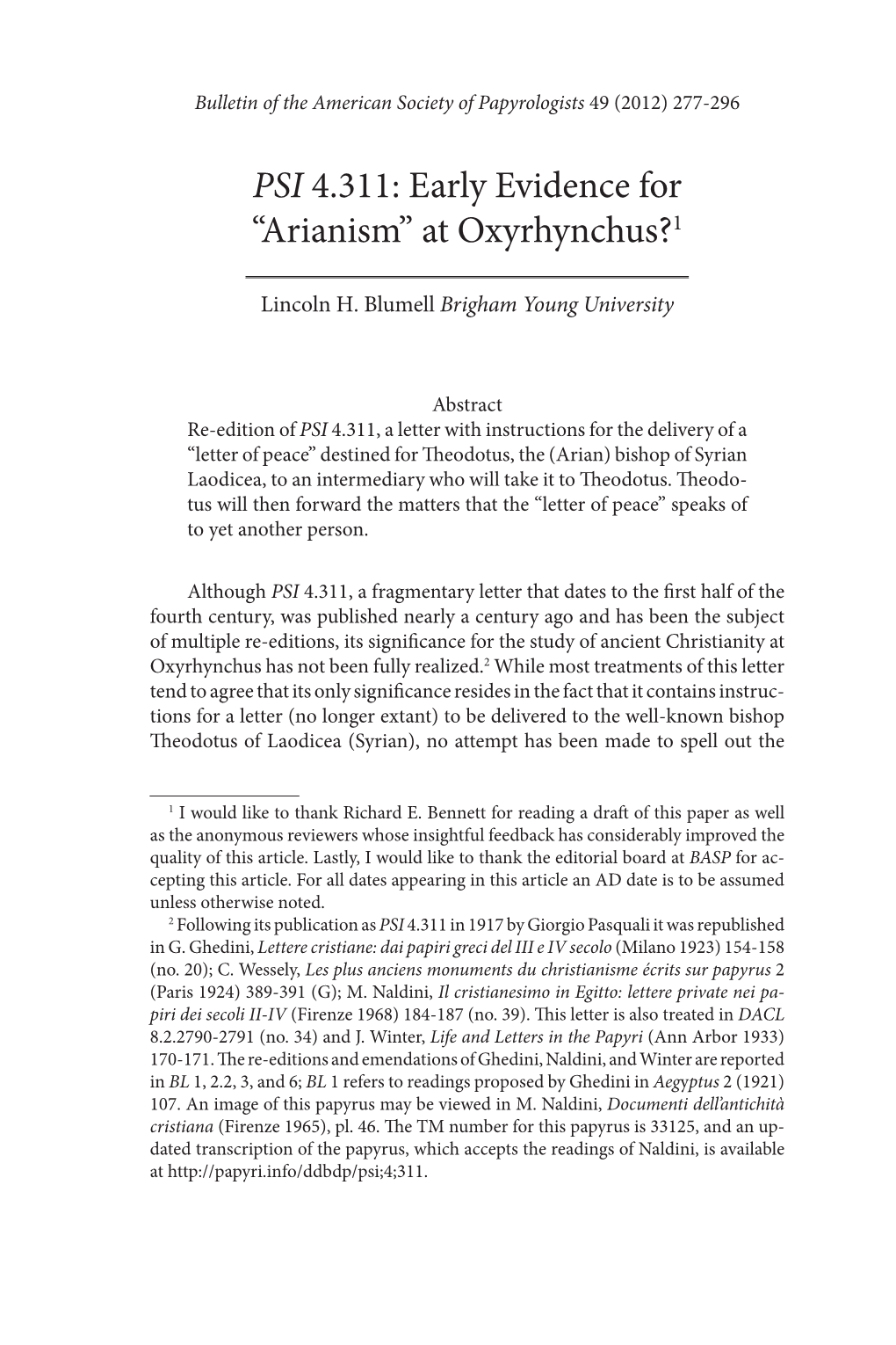 PSI 4.311: Early Evidence for “Arianism” at Oxyrhynchus?1