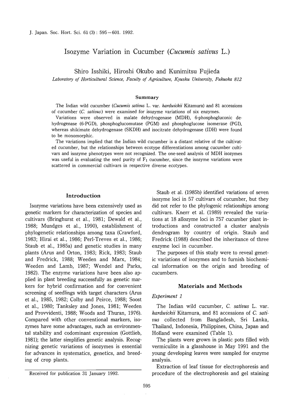 Isozyme Variation in Cucumber (Cucumis Sativus L.)