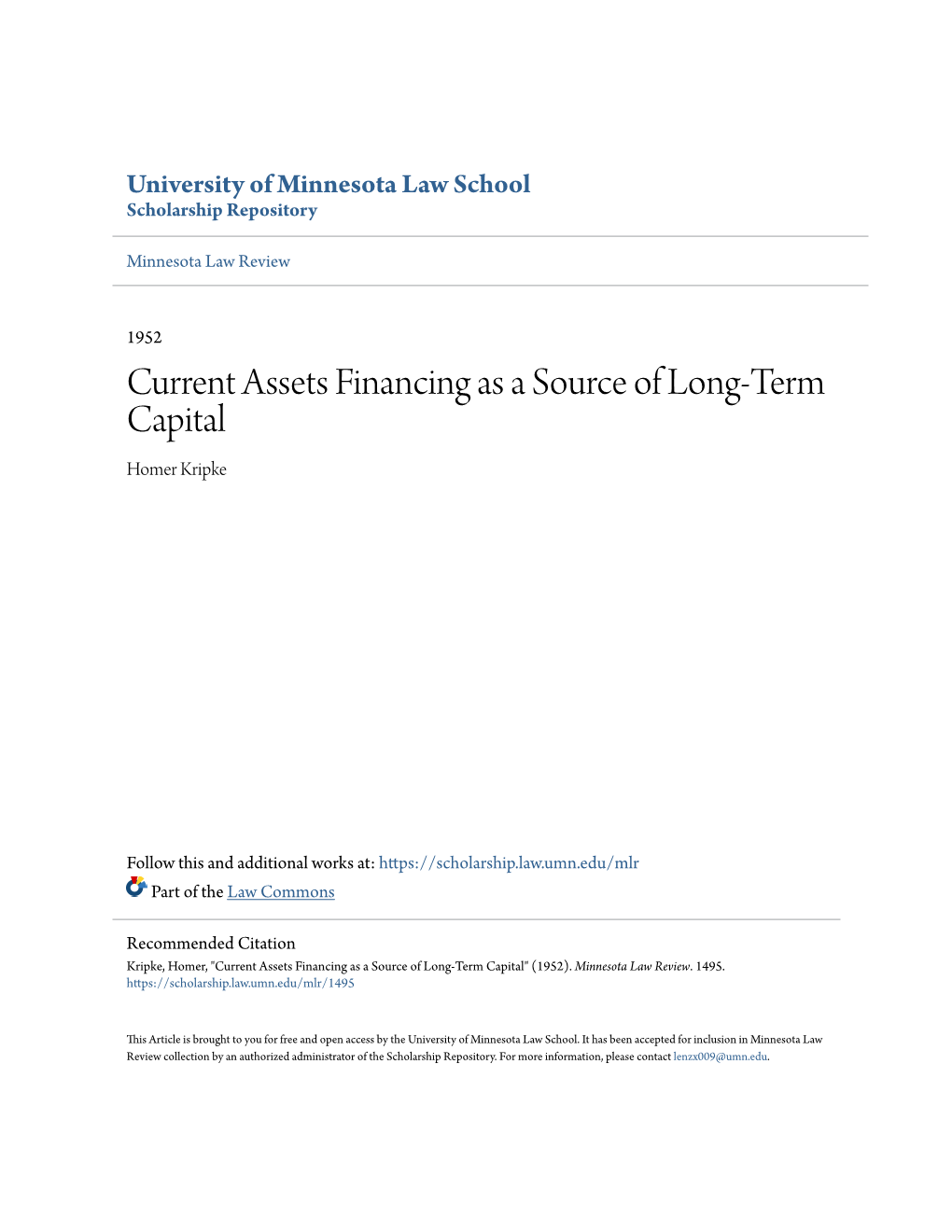 Current Assets Financing As a Source of Long-Term Capital Homer Kripke